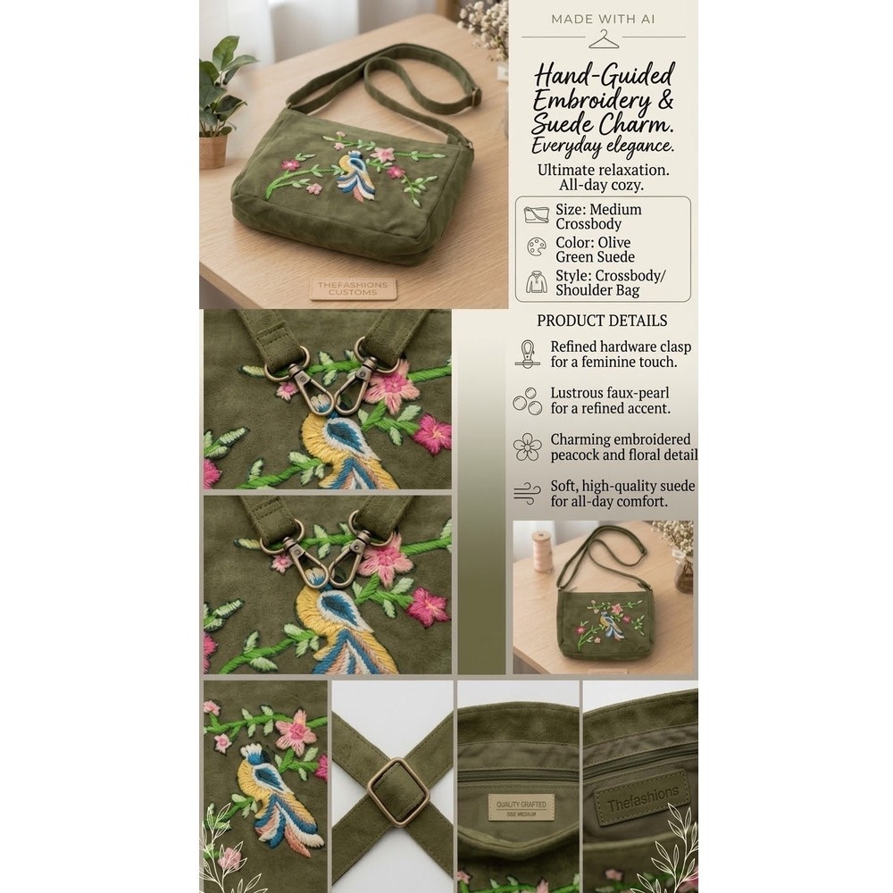 Thefashions Olive Green Suede Crossbody Bag Embroidered Peacock Floral Shoulder